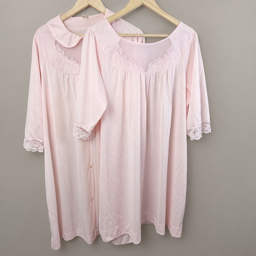 Vintage Texsheen Peignoir Set XXL Pink Nylon Robe Nightgown Lace